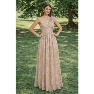 Adrianna Papell Gown Sz 0 Champagne One Shoulder Floral Print Chiffon Prom Bride